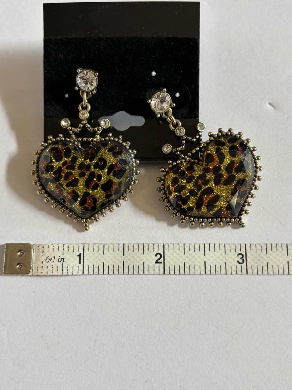 Betsy Johnson Leopard Print Heart Drop Earrings - Gold Tone and crystal